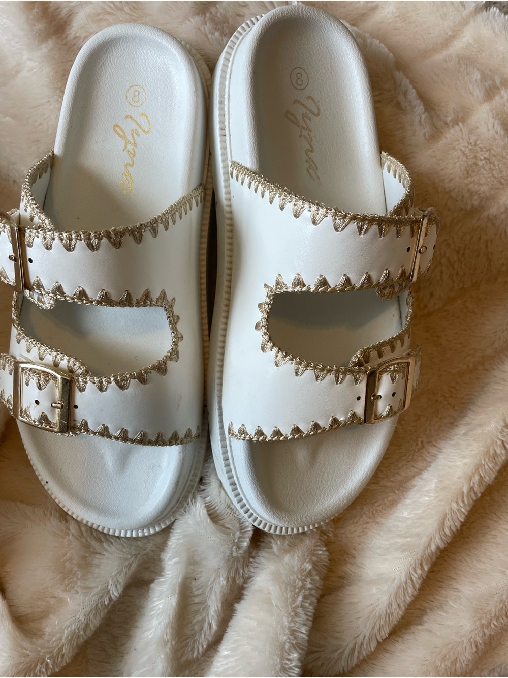 White & tan Casual Slide Sandals - Women